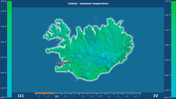 アニメーションの伝説 英語のラベルとアイスランド地区月別最高気温 国と首都名は マップの説明 平射図法 — ストック動画