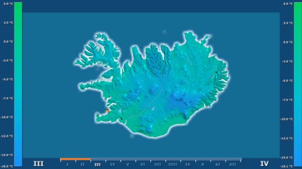 最低气温按月在冰岛区域以动画传奇发光的形状 行政边界 主要城市 球极投影 — 图库视频影像