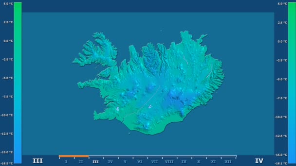 最低气温按月在冰岛区域与动画传奇 原始的颜色着色器 球极投影 — 图库视频影像