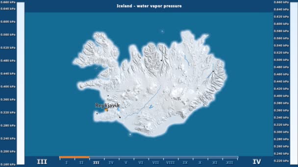 Ciśnienie Pary Wodnej Przez Miesiąc Obszarze Islandii Animowanych Legenda Angielski — Wideo stockowe
