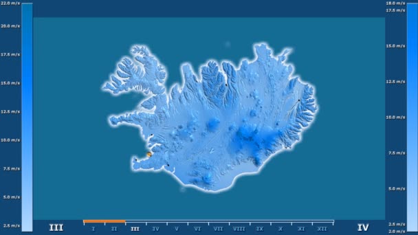 风速按月在冰岛地区与动画传奇发光的形状 行政边界 主要城市 球极投影 — 图库视频影像