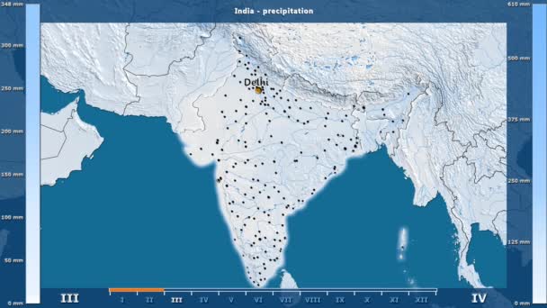 降雨雪由月在印度区域以生动的传奇 英国标签 国家和资本名字 地图描述 球极投影 — 图库视频影像