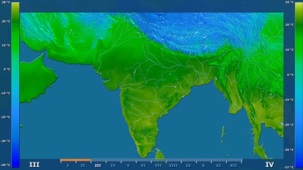 アニメーションの伝説 Raw カラー シェーダーを持つインド地区月最低気温は 平射図法 — ストック動画