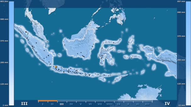 降雨雪按月在印度尼西亚区域以动画传奇发光的形状 行政边界 主要城市 球极投影 — 图库视频影像