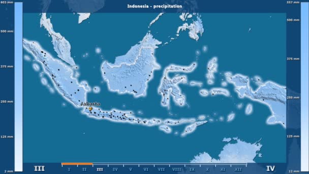 降雨雪由月在印度尼西亚区域以生动的传奇 英国标签 国家和资本名字 地图描述 球极投影 — 图库视频影像