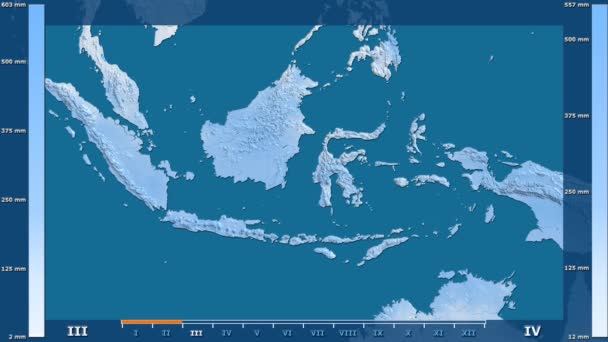 降雨雪按月在印度尼西亚区域以动画传奇 原始的颜色着色器 球极投影 — 图库视频影像