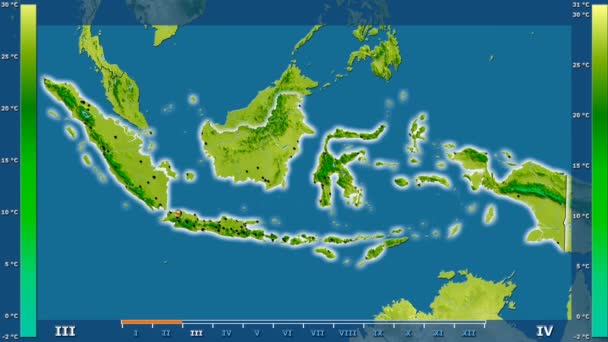 Medeltemperatur Månad Indonesien Med Animerade Legend Glödande Form Administrativa Gränser — Stockvideo