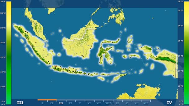 アニメーションの伝説 輝く形 管理上のボーダー 主要都市 首都インドネシア地域の月別最高気温は 平射図法 — ストック動画