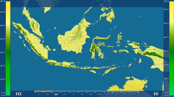 在印尼地区的最高气温与动画图例 原始颜色着色器的月份 球极投影 — 图库视频影像