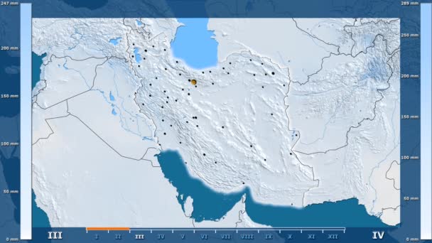 Nederbörden Månad Området Iran Med Animerade Legend Glödande Form Administrativa — Stockvideo