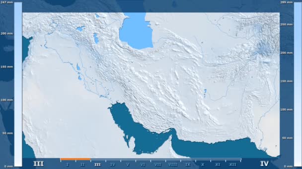 アニメーションの伝説 Raw カラー シェーダーを持つイラン地方の月別降水量 平射図法 — ストック動画