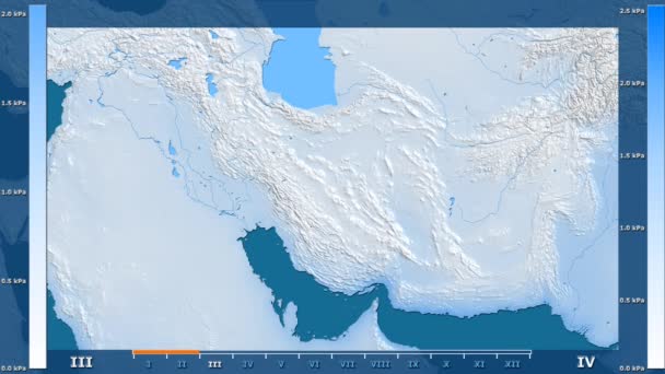水蒸气压按月在伊朗地区与动画传奇 原始的颜色着色器 球极投影 — 图库视频影像