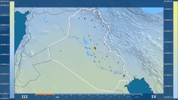 太阳辐射月在伊拉克地区以动画传奇 发光的形状 行政边界 主要城市 球极投影 — 图库视频影像