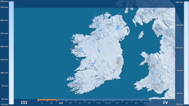 降雨雪由月在爱尔兰区域以生动的传奇 原始的颜色着色器 球极投影 — 图库视频影像