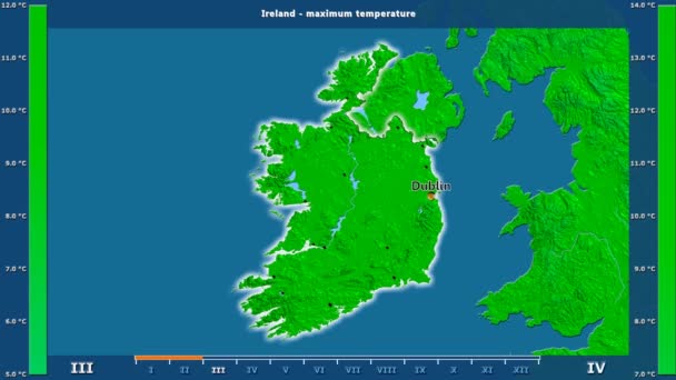 Maximale Temperatuur Maand Het Gebied Van Ierland Met Geanimeerde Legend — Stockvideo