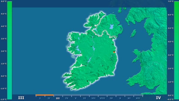 最低气温按月在爱尔兰地区以动画传奇发光的形状 行政边界 主要城市 球极投影 — 图库视频影像