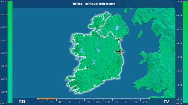 Minimální teploty podle měsíců v oblasti Irsko s animovanou legendou - anglické popisky: země a velké názvy, popis mapy. Stereografická projekce
