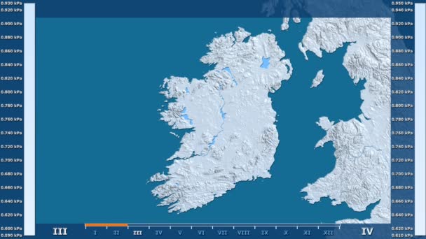 アニメーションの伝説 Raw カラー シェーダーを持つアイルランド地区月別水蒸気圧 平射図法 — ストック動画