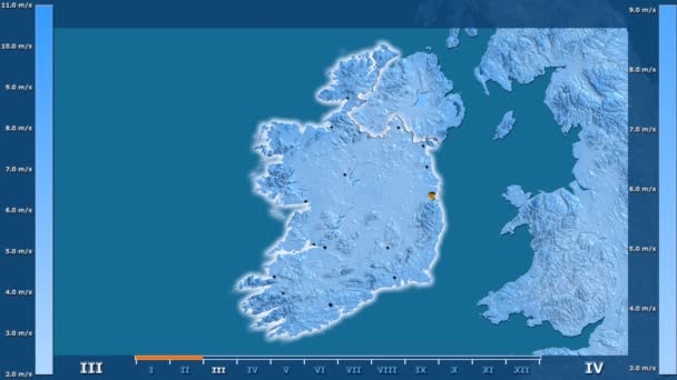 アニメーションの伝説 管理上のボーダー 主要都市 首都を輝くアイルランド地域の月別風速します 平射図法 — ストック動画