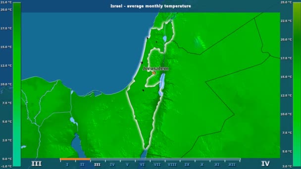 アニメーションの伝説 英語のラベルを持つイスラエル地区月別平均気温 国と首都名は マップの説明 平射図法 — ストック動画