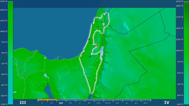 Minimum Temperature Month Israel Area Animated Legend Glowing Shape Administrative — Stock Video