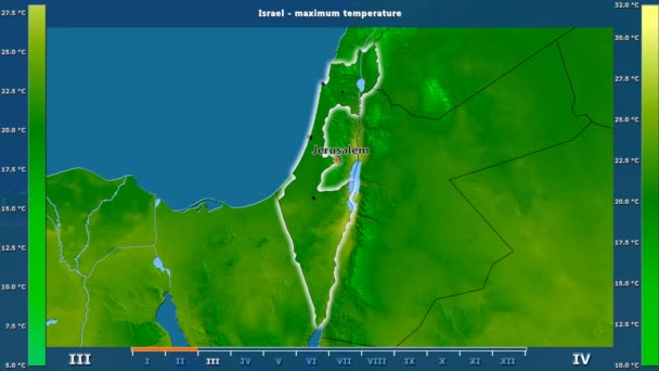 アニメーションの伝説 英語のラベルを持つイスラエル地区月別最高気温 国と首都名は マップの説明 平射図法 — ストック動画