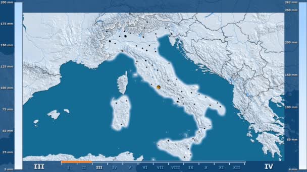 Precipitazioni Mese Mese Nell Italia Con Leggenda Animata Forma Luminosa — Video Stock