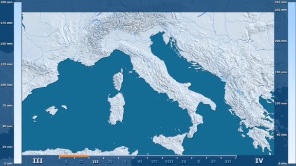 アニメーションの伝説 Raw カラー シェーダーを持つイタリア地方の月別降水量 平射図法 — ストック動画