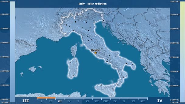 アニメーションの伝説 英語のラベルを持つイタリア エリアの月別日射の影響 国と首都名は マップの説明 平射図法 — ストック動画