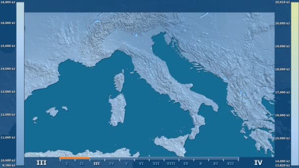 アニメーションの伝説 Raw カラー シェーダーを持つイタリア エリアの月別日射量 平射図法 — ストック動画