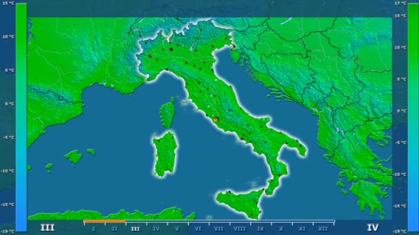 平均气温按月在意大利地区以动画传奇发光的形状 行政边界 主要城市 球极投影 — 图库视频影像