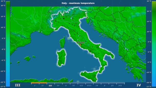 Maximální Teplota Podle Měsíce Oblasti Itálie Animovanou Legendou Anglické Popisky — Stock video