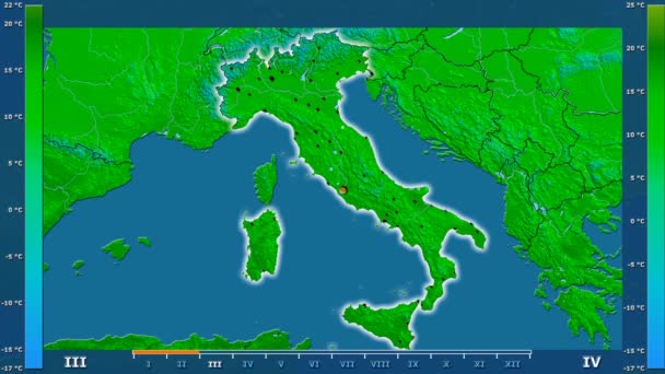 在意大利地区的最高气温由月份动画图例 发光的形状 行政边界 主要城市 球极投影 — 图库视频影像