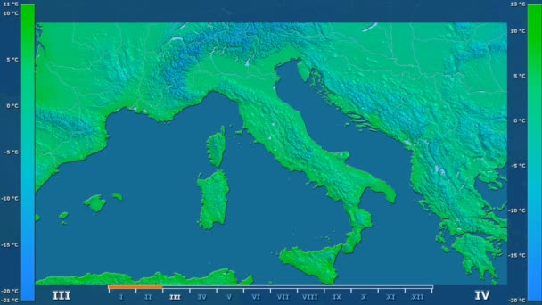 Lägsta Temperatur Månad Italien Med Animerade Legend Raw Färg Shader — Stockvideo