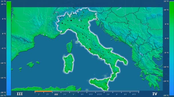 最低气温按月在意大利地区以动画传奇发光的形状 行政边界 主要城市 球极投影 — 图库视频影像