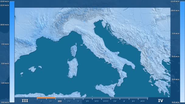 アニメーションの伝説 Raw カラー シェーダーを持つイタリア地区の月別風速 平射図法 — ストック動画