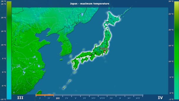 Maximale Temperatuur Maand Het Gebied Van Japan Met Geanimeerde Legend — Stockvideo