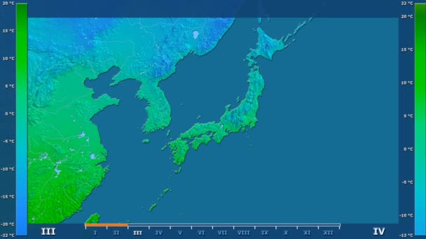 最低气温按月在日本地区与动画传奇 原始的颜色着色器 球极投影 — 图库视频影像