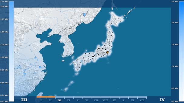アニメーションの伝説 管理上のボーダー 主要都市 首都の輝く日本地域における月別水蒸気圧 平射図法 — ストック動画
