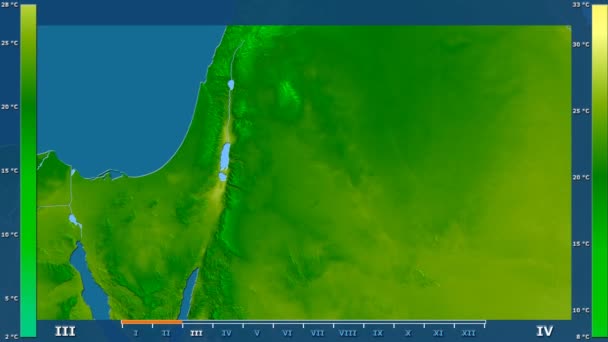 アニメーションの伝説 Raw カラー シェーダーを持つヨルダン地区月別最高気温は 平射図法 — ストック動画