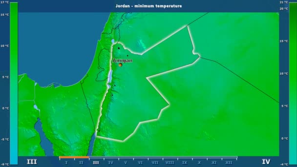Minimální Teploty Podle Měsíců Oblasti Jordán Animovanou Legendou Anglické Popisky — Stock video