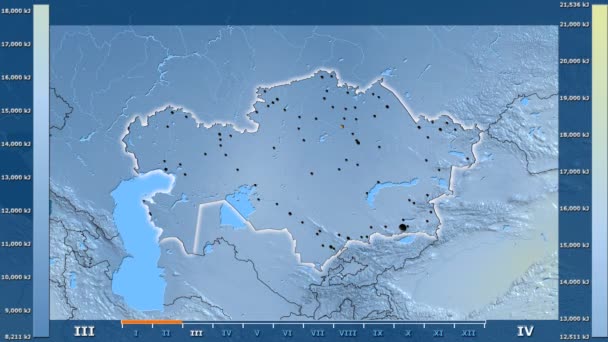 アニメーションの伝説 輝く形 管理上のボーダー 主要都市 首都カザフスタン地域の月別日射量 平射図法 — ストック動画