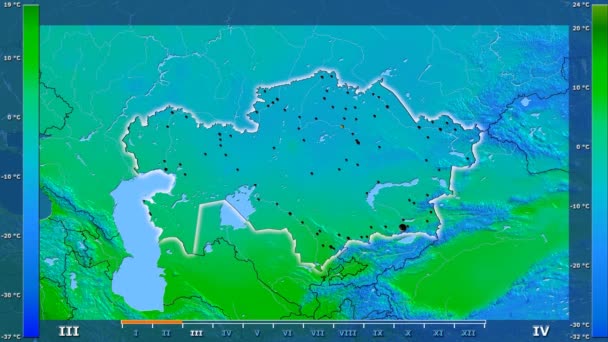 平均温度按月在哈萨克斯坦地区以动画传奇发光的形状 行政边界 主要城市 球极投影 — 图库视频影像