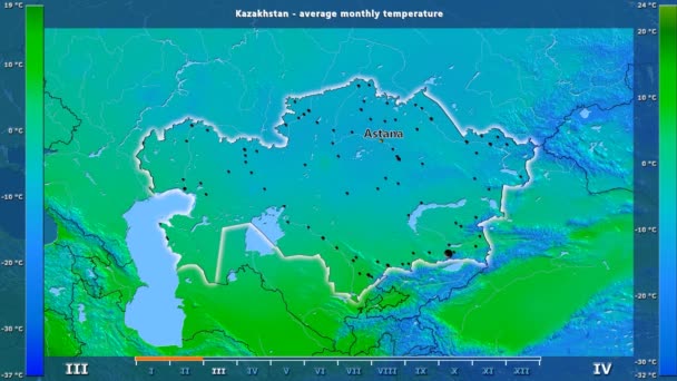 アニメーションの伝説 英語のラベル カザフスタン地域の月別平均気温 国と首都名は マップの説明 平射図法 — ストック動画
