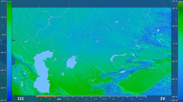 平均气温按月在哈萨克斯坦区域以动画传奇 原始的颜色着色器 球极投影 — 图库视频影像