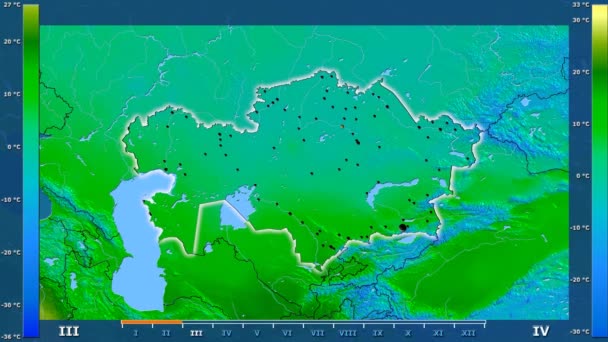 Максимальна Температура Місяцем Області Казахстану Анімованими Легендою Світяться Фігури Адміністративні — стокове відео