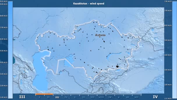 Velocidad Del Viento Por Mes Área Kazajstán Con Leyenda Animada — Vídeo de stock