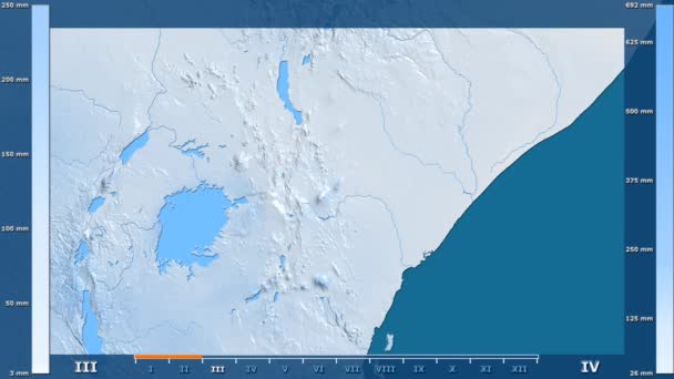 アニメーションの伝説 Raw カラー シェーダーを持つケニア地区月別降水量平射図法 — ストック動画