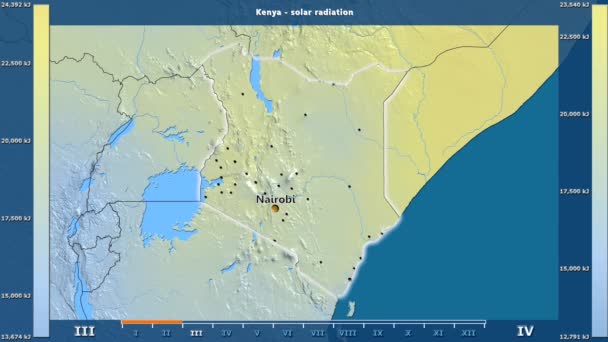 太阳辐射由月在肯尼亚区域以生动的传奇 英国标签 国家和资本名字 地图描述 球极投影 — 图库视频影像