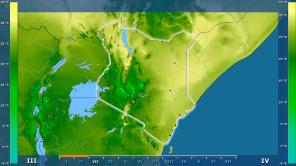 Średnia Temperatura Przez Miesiąc Obszarze Kenii Legendą Animowane Świecące Kształt — Wideo stockowe